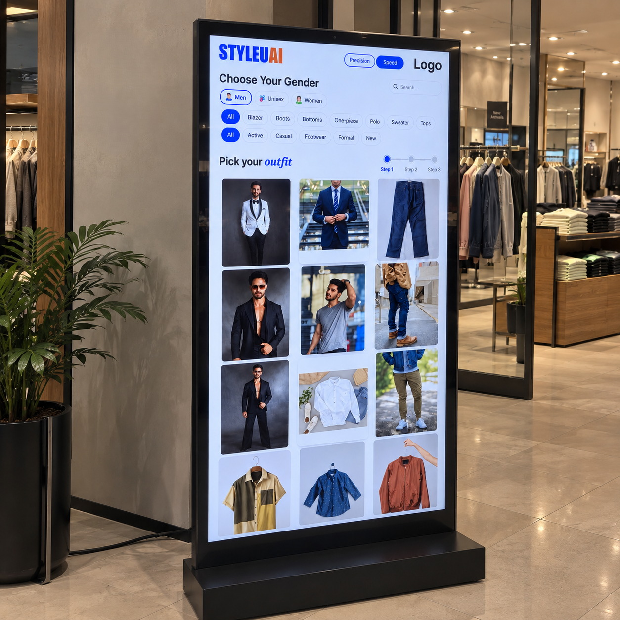 StyleUAI in-store try-on standee